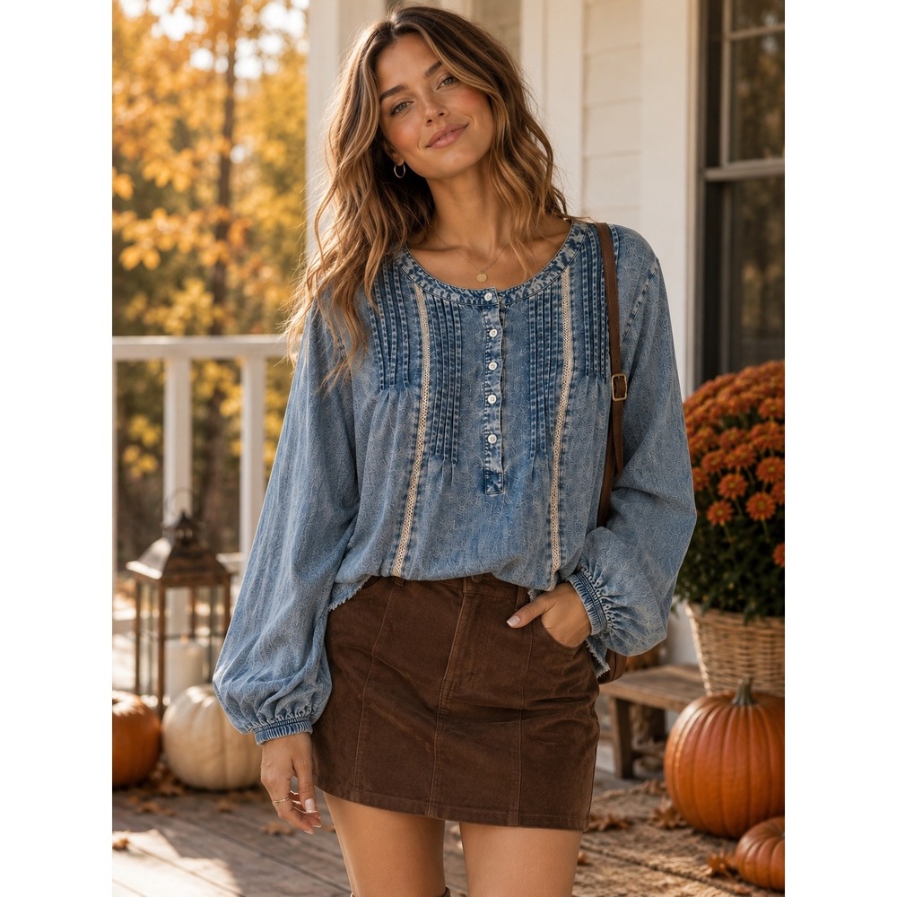 Cato Womens Blue Acid Wash Chambray Pintuck Lace Trim Blouse Top Large